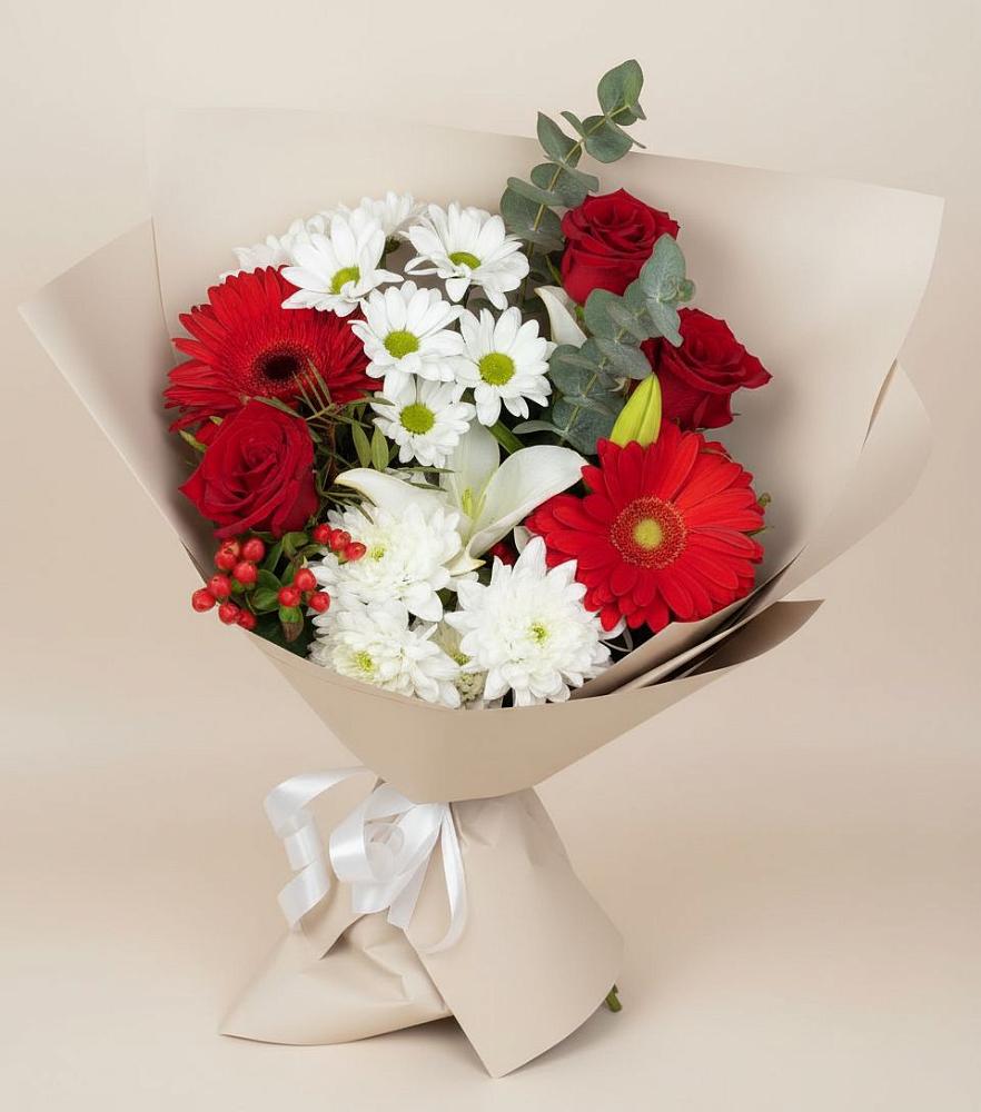 Букет цветов из: Розы, Хризантемы, Герберы и Лилии в Оренбург