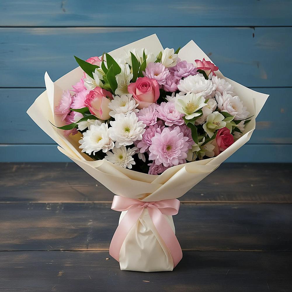 Букет цветов из: Хризантемы, Альстромерии и Розы в Оренбург